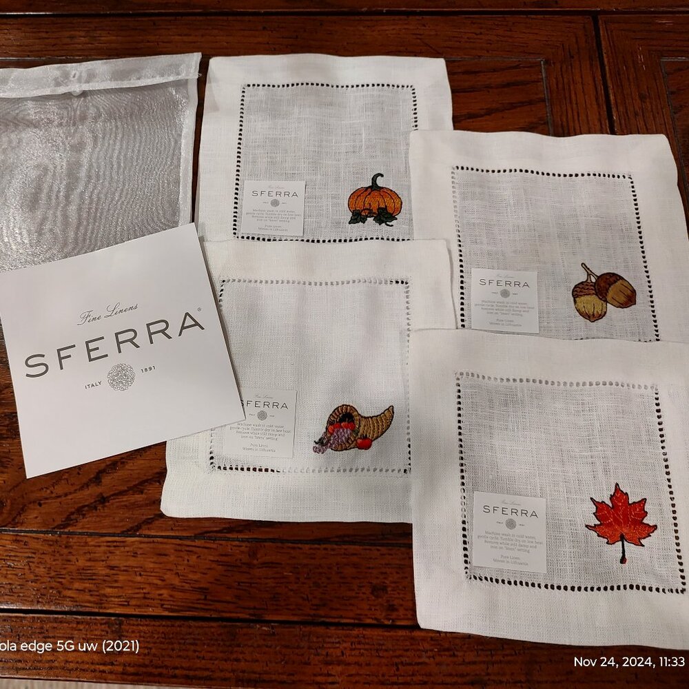 SFERRA SET OF 4  100% LINEN COCKTAIL NAPKINS HEMSTITCH BORDER 6x6 PURE WHITE NWT